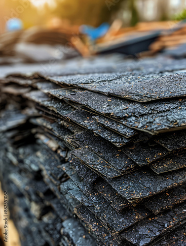 Stacked asphalt roofing shingles in sunlight, close-up view.
