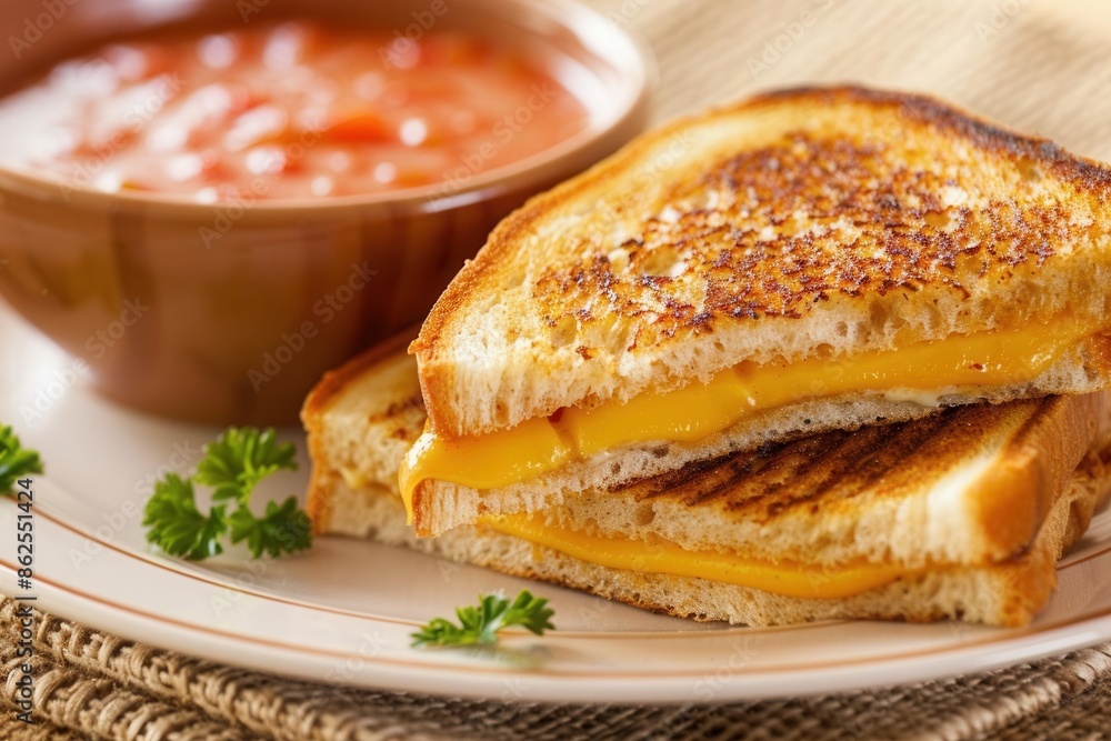 Cozy Comfort Food. Delicious grilled cheese with tomato soup concept Cozy Comfort Food. Delicious grilled cheese with tomato soup concept