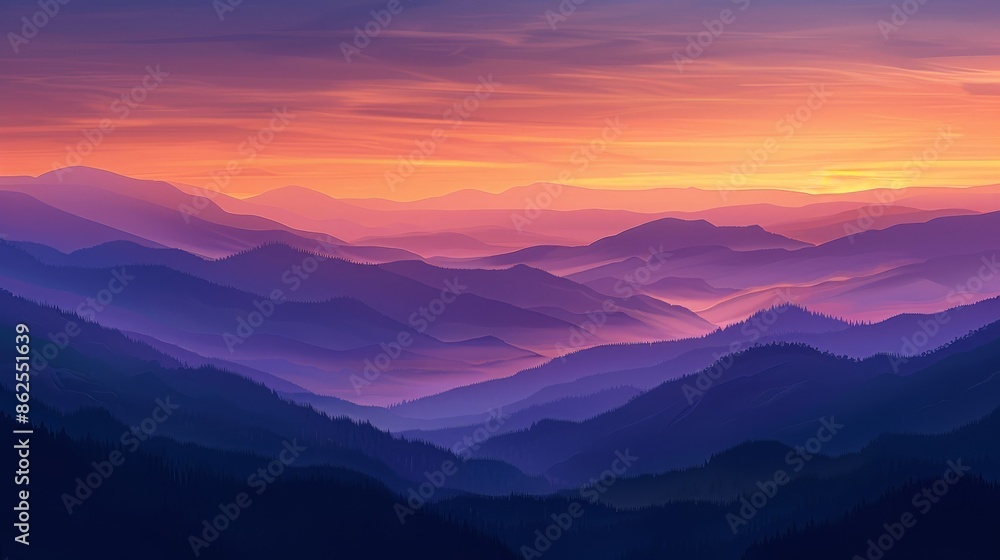 Sunset over mountain range with misty valleys, scenic nature view. Peaceful landscape and tranquility concept Sunset over mountain range with misty valleys, scenic nature view. Peaceful landscape and tranquility concept
