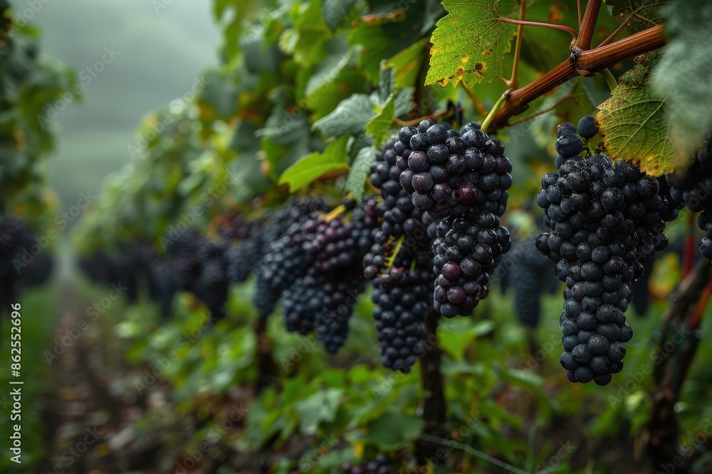 A lush vineyard with bunches of grapes hanging from the vines, ready to be harvested. A lush vineyard with bunches of grapes hanging from the vines, ready to be harvested.