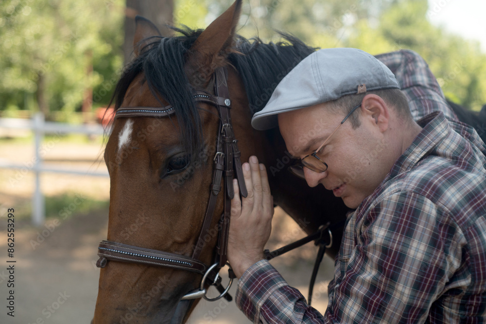 a person with a horse, hugging a person with a horse, hugging