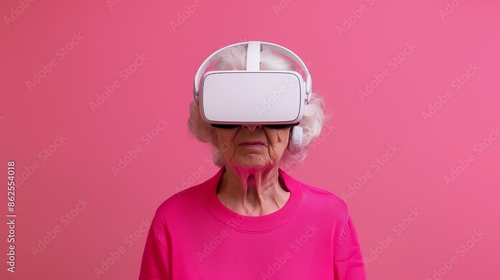 Background with an elderly woman wearing VR glasses. Augmented reality helmet. Virtual reality glasses. Modern technologies. Future technologies. Active aging concept Background with an elderly woman wearing VR glasses. Augmented reality helmet. Virtual reality glasses. Modern technologies. Future technologies. Active aging concept