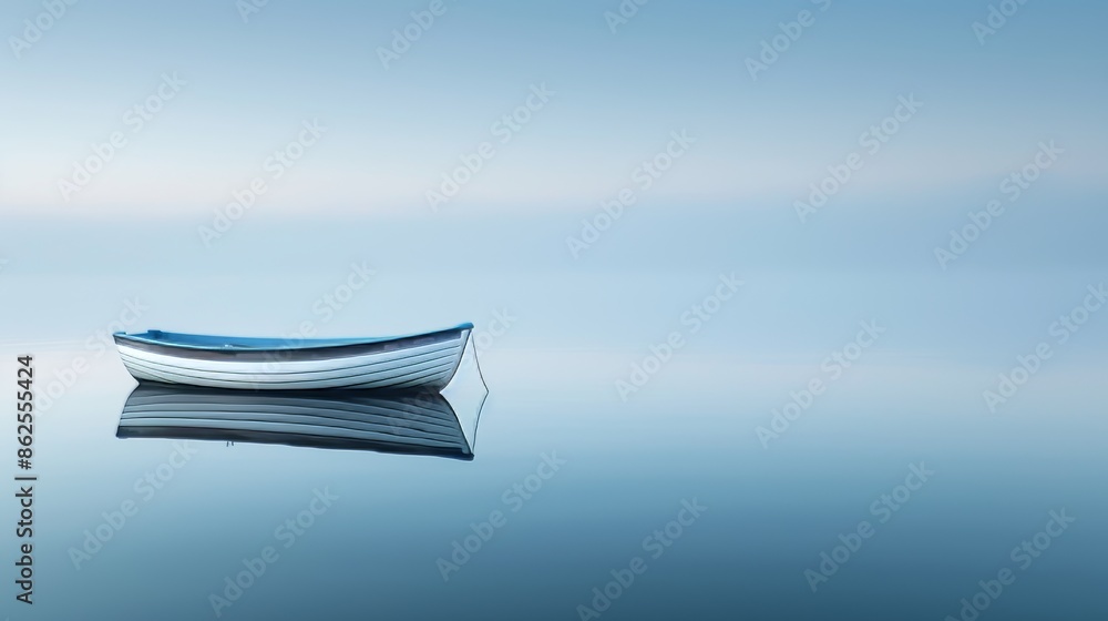 Create a serene landscape photograph with negative space, featuring a lone boat drifting Create a serene landscape photograph with negative space, featuring a lone boat drifting