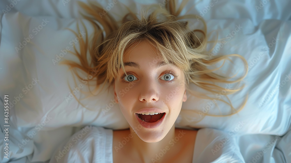 Blonde adult model on a white pillow portrait of surprise and joy satisfaction Blonde adult model on a white pillow portrait of surprise and joy satisfaction