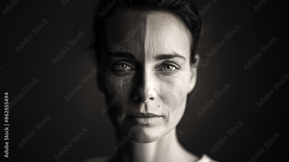 black white photo of a woman with her face close up, with half her face in shadow black white photo of a woman with her face close up, with half her face in shadow