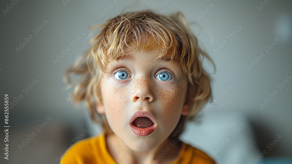A surprised child, a five-year-old boy with an open mouth and big eyes portrait A surprised child, a five-year-old boy with an open mouth and big eyes portrait