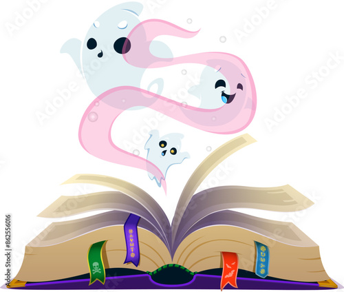 Cartoon Halloween spells book with kawaii ghosts floating over the pages with colorful bookmarks. Isolated vector grimoire with Playful enchantments await within, perfect for charmingly spooky holiday