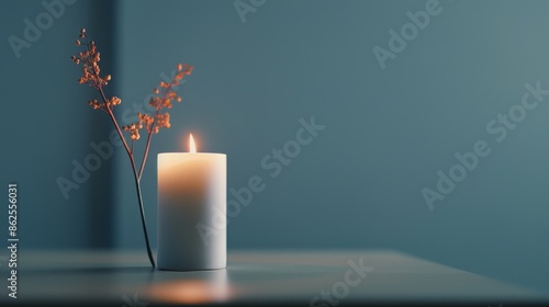 Create a serene still life with negative space, featuring a single lit candle in an otherwise dark room.