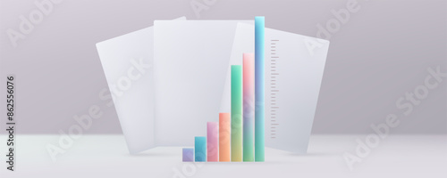 Growth chart. Dashboard with data indicators, KPI statistics and quality analysis, financial indicators. Financial performance indicators. Performance, diagram, goal, successful result. Vector 3d.