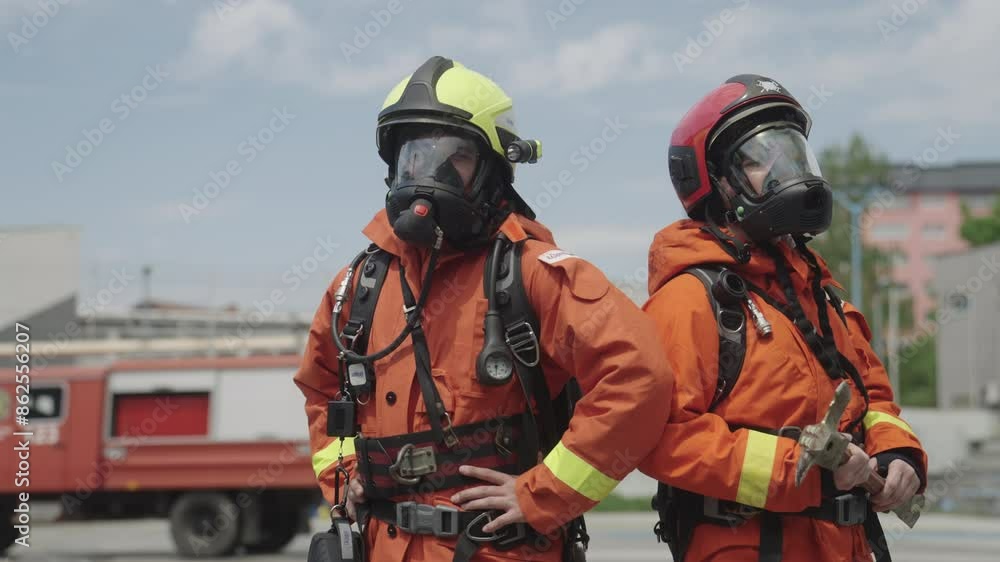 A group of prepared firefighters stands ready for hazardous tasks involving rescuing victims and extinguishing fires, exemplifying their dedication and bravery in the face of emergencies A group of prepared firefighters stands ready for hazardous tasks involving rescuing victims and extinguishing fires, exemplifying their dedication and bravery in the face of emergencies