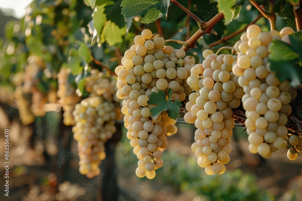 A lush vineyard with bunches of grapes hanging from the vines, ready to be harvested. A lush vineyard with bunches of grapes hanging from the vines, ready to be harvested.