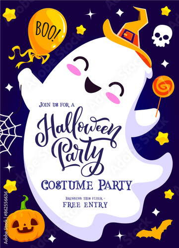 Halloween party flyer with cute kawaii ghost holding lollipop and balloon. Vector invitation poster, promotion for horror night, costume party or trick or treat entertainment for kids with free entry