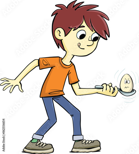 boy in a game where he carefully carries an egg in a spoon