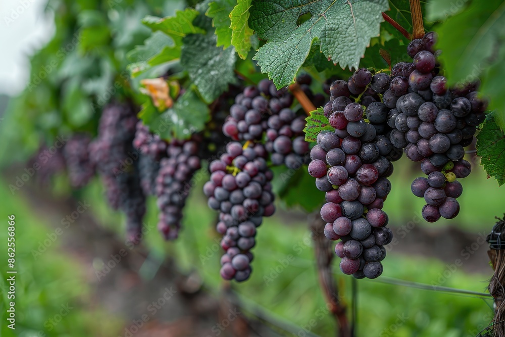A lush vineyard with bunches of grapes hanging from the vines, ready to be harvested. A lush vineyard with bunches of grapes hanging from the vines, ready to be harvested.