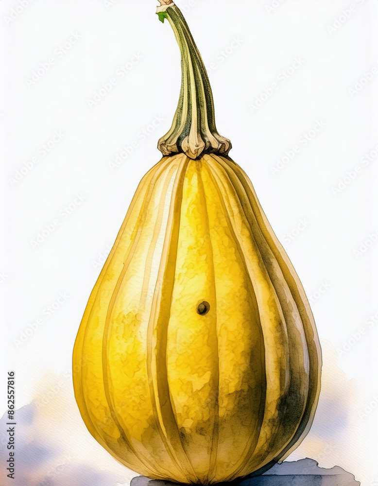 A single, pear-shaped yellow squash with a brown stem, resting on a white surface A single, pear-shaped yellow squash with a brown stem, resting on a white surface