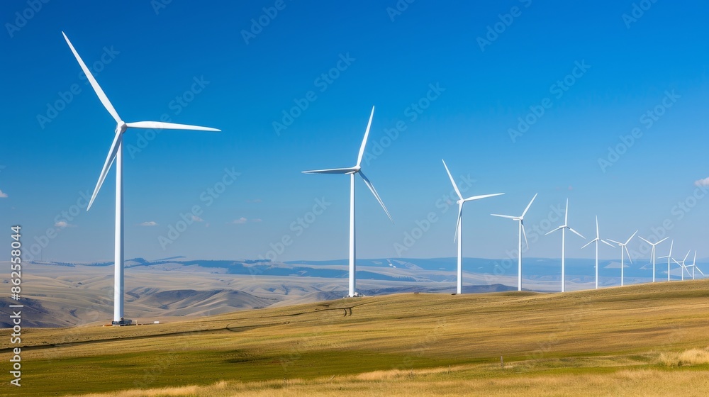 Capture the beauty of renewable energy with an image of wind turbines against a backdrop of rolling hills Capture the beauty of renewable energy with an image of wind turbines against a backdrop of rolling hills