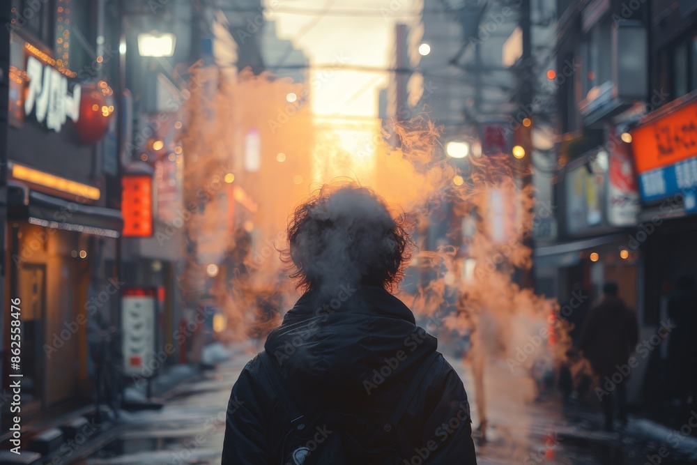 A person with a backpack stands in a misty urban alley, surrounded by neon signs, as the sun sets in the background, creating a contrast of light and shadows. A person with a backpack stands in a misty urban alley, surrounded by neon signs, as the sun sets in the background, creating a contrast of light and shadows.