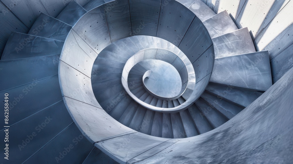 Fototapeta premium Architectural detail of a spiral staircase, elegant lines and shadows, highangle shot