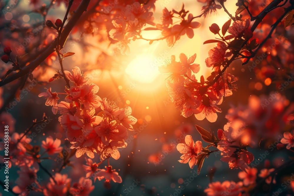 Cherry blossoms are captured in full bloom under the warm glow of the setting sun, with petals gently falling and creating a picturesque and serene scene of natural beauty. Cherry blossoms are captured in full bloom under the warm glow of the setting sun, with petals gently falling and creating a picturesque and serene scene of natural beauty.