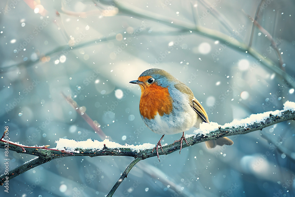 Red robin sitting on a snowy branch during winter Red robin sitting on a snowy branch during winter