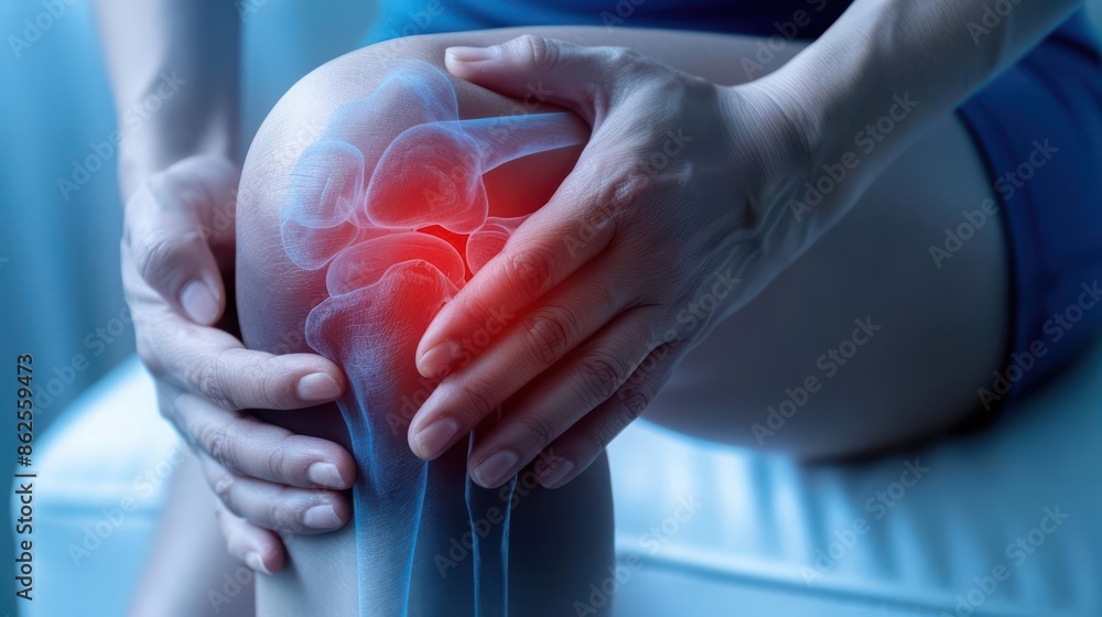Joint pain, hand holding knee, light red and blue tones Joint pain, hand holding knee, light red and blue tones
