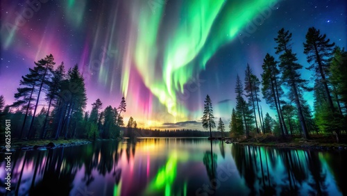 Beautiful aurora seen from the forest, aurora, forest, nature, scenery, night sky, greenery, vibrant colors © Sujid