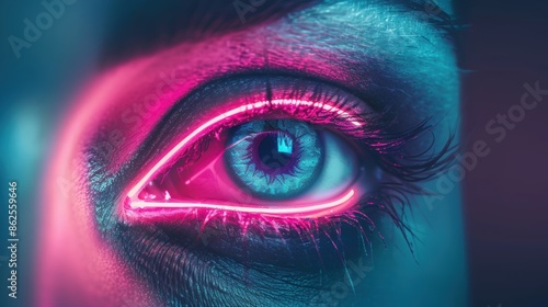 A futuristic neon eye illustration, designed in a minimalist manner with clean lines and a contemporary look. The image offers plenty of copy space for adding text or graphics.