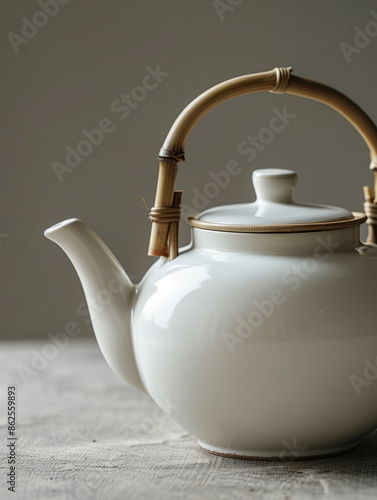 White porcelain teapot with a bamboo handle on a light surface.