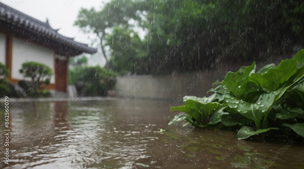 Fototapeta premium Tranquil Rainy Garden Scene