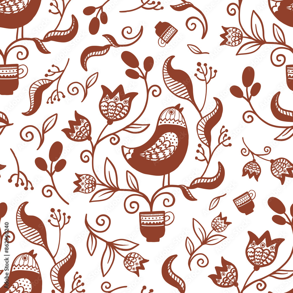 Fototapeta premium Ukrainian traditional ethnic national pattern, in which the central place is occupied by a bird surrounded by flowers. Bird with plant, flowers in cup with ethnic elements, red and white