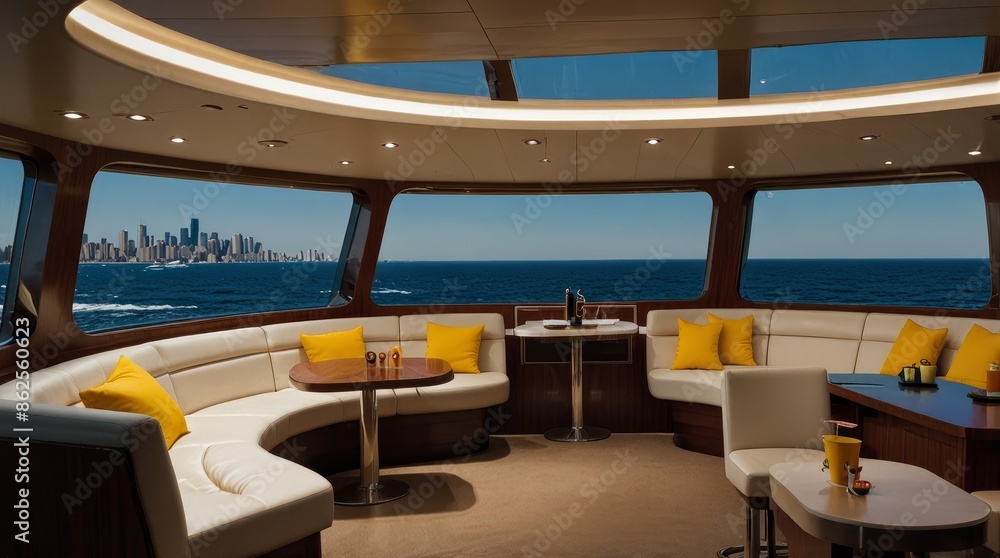 Fototapeta premium Luxury Yacht Interior with City View