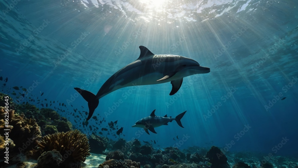 Fototapeta premium Dolphins Swimming in Sunlit Ocean