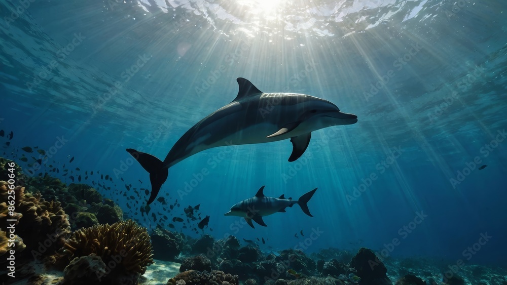 Obraz premium Dolphins Underwater Radiant Sunlight