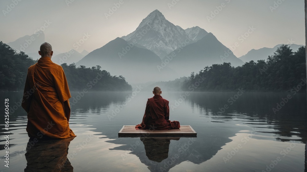 A Tibetan monk meditating. Peace and harmony radiate around him. Nirvana. A Tibetan monk meditating. Peace and harmony radiate around him. Nirvana.
