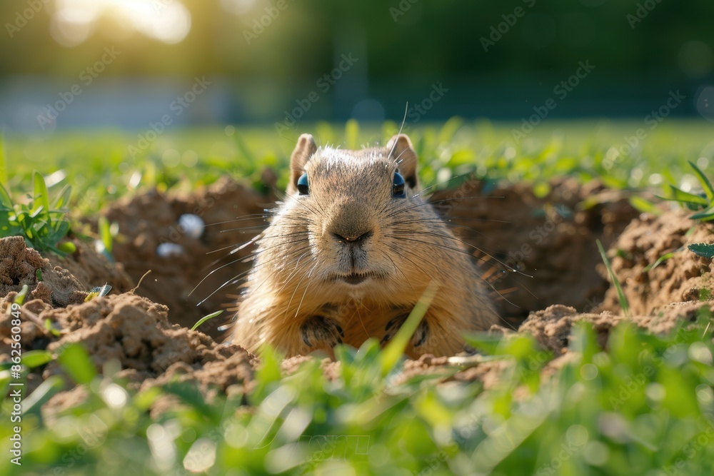 On an amateur football pitch, a tiny wild gopher has excavated a hole and is exploring. On an amateur football pitch, a tiny wild gopher has excavated a hole and is exploring.