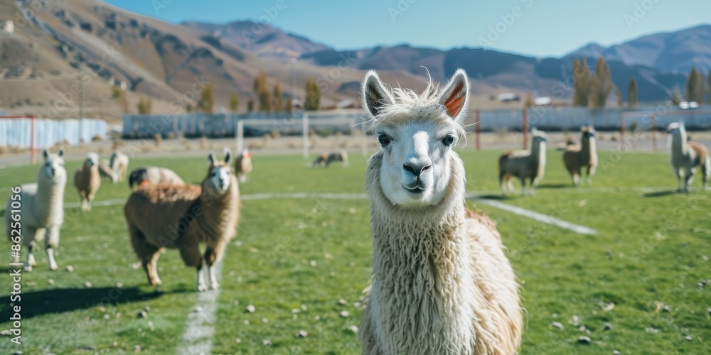 Fototapeta premium Llamas on a football field