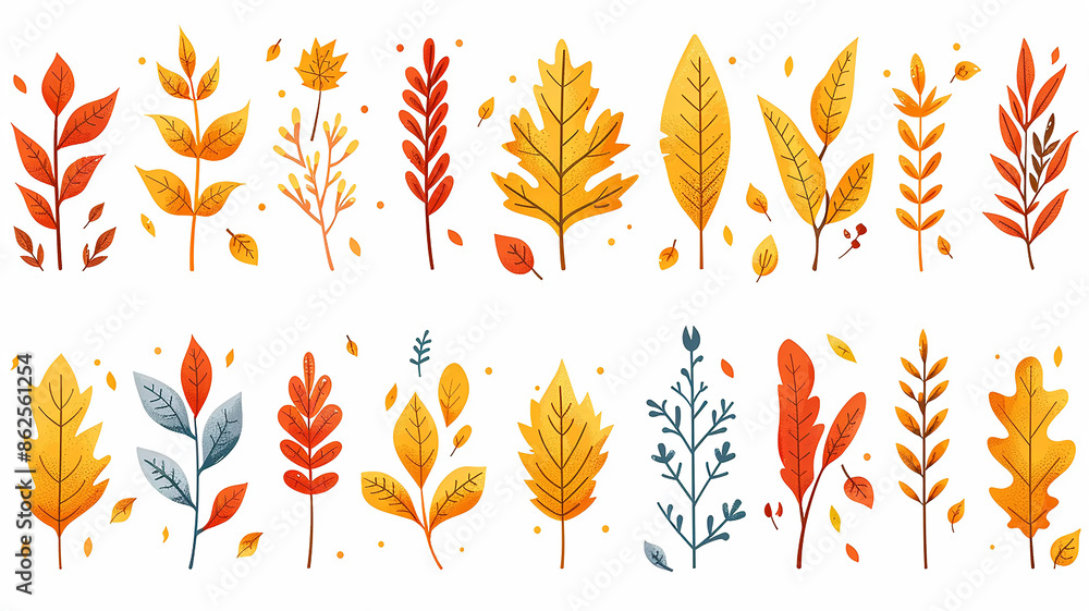 A selection of different red and yellow leaves on a white background, the concept of autumn foliage A selection of different red and yellow leaves on a white background, the concept of autumn foliage