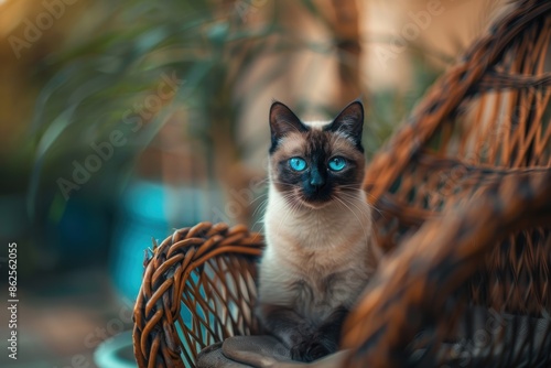 Siamese cat with blue eyes relaxing on a chair outside photo