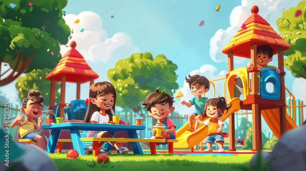 Fototapeta premium A vibrant playground scene with children sharing snacks and enjoying retro games, showcasing friendship and happiness