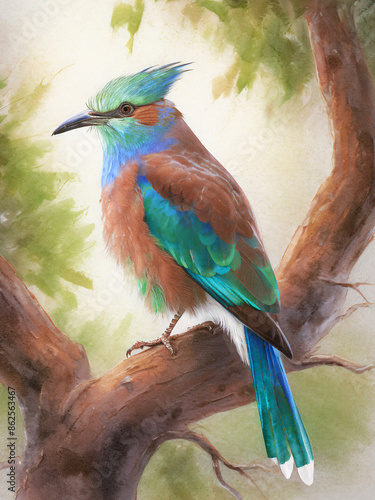 European Roller Sitting In A Tree Scouting For Food Oil Paint On Canvas Style 300PPI High Resolution Image Suitable For Wall Art And Poster Print And Other Art Productions	 photo
