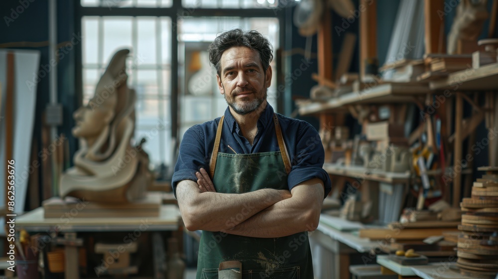 The confident woodworker in workshop