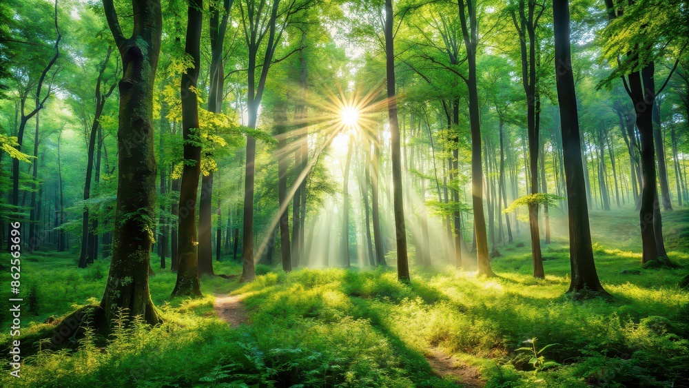 Fototapeta premium Serene forest with lush greenery and sunlight filtering through the trees, nature, tranquil, peaceful, woodland, trees