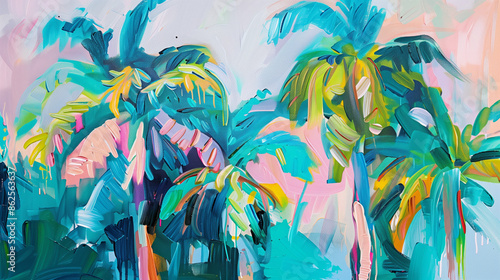 Tropical Oil (Watercolor) Painting in Juicy Bright Colors. Palms Caribbean Florida Neon Color. Nature Frawing. Landscape Illustration  