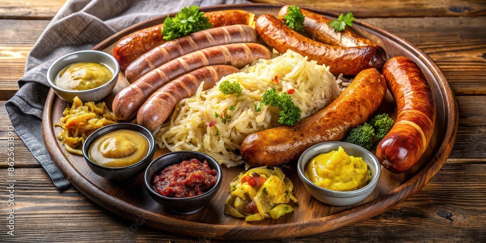 Traditional German sausage platter with assorted sausages, sauerkraut, pickles, and mustard, German, sausage, platter Traditional German sausage platter with assorted sausages, sauerkraut, pickles, and mustard, German, sausage, platter