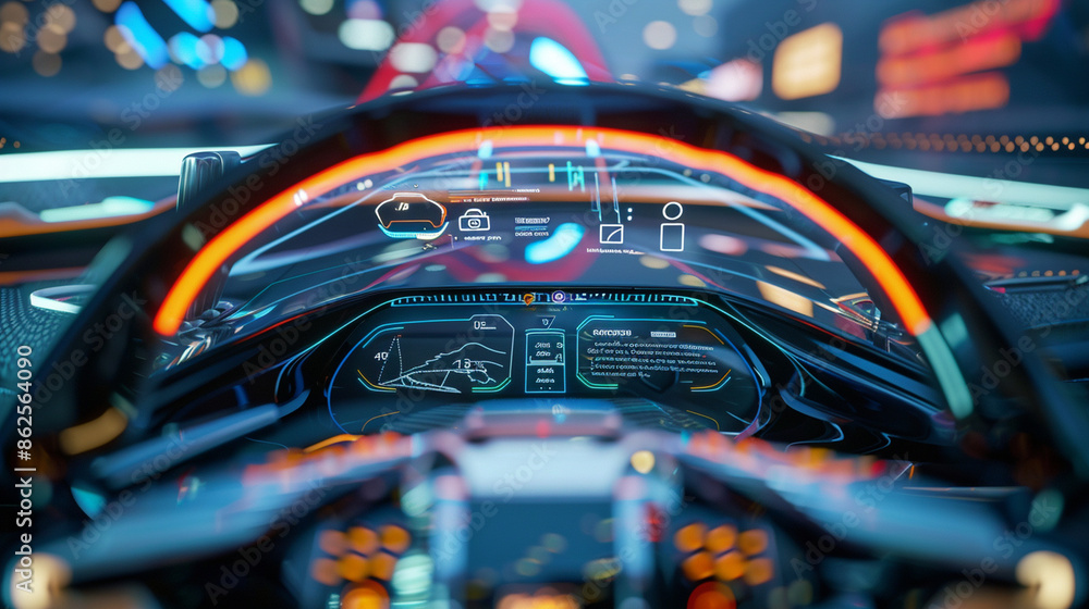 Close-up of an electric carâs dashboard with a futuristic design Close-up of an electric carâs dashboard with a futuristic design