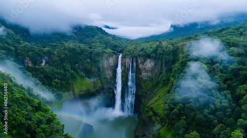 Capture the majesty of a natural wonder, such as a cascading waterfall surrounded by lush greenery