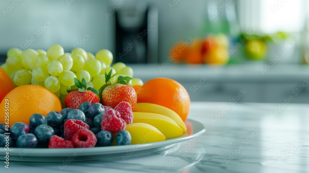 Capture the preparation of a colorful fruit platter and freshly squeezed juice on a marble kitchen countertop. Capture the preparation of a colorful fruit platter and freshly squeezed juice on a marble kitchen countertop.