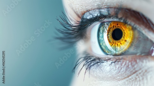 An artistic photo of an eye highlighted by an orange iris, featuring a minimalist design and ample copy space.