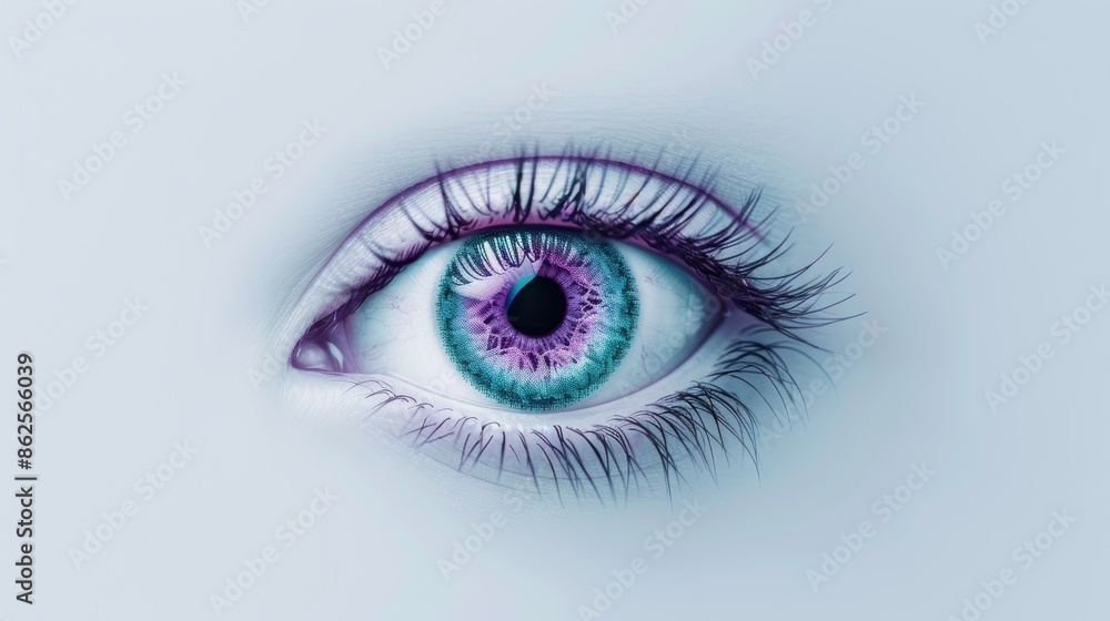 A serene and minimalist photo of an eye with a purple iris, surrounded by ample copy space for text or graphics. A serene and minimalist photo of an eye with a purple iris, surrounded by ample copy space for text or graphics.