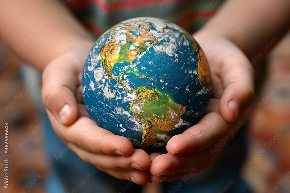 A childs hands gently hold a globe, symbolizing care for the planet A childs hands gently hold a globe, symbolizing care for the planet